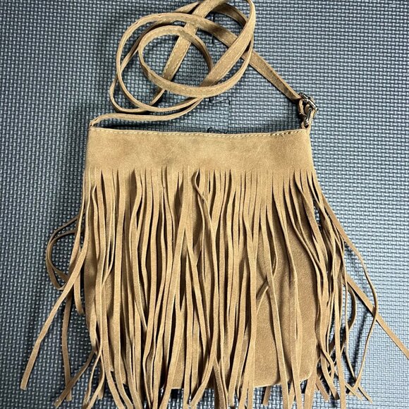 Handbags - Brown Faux Suede Fringe Crossbody Bag With Adjustable Strap